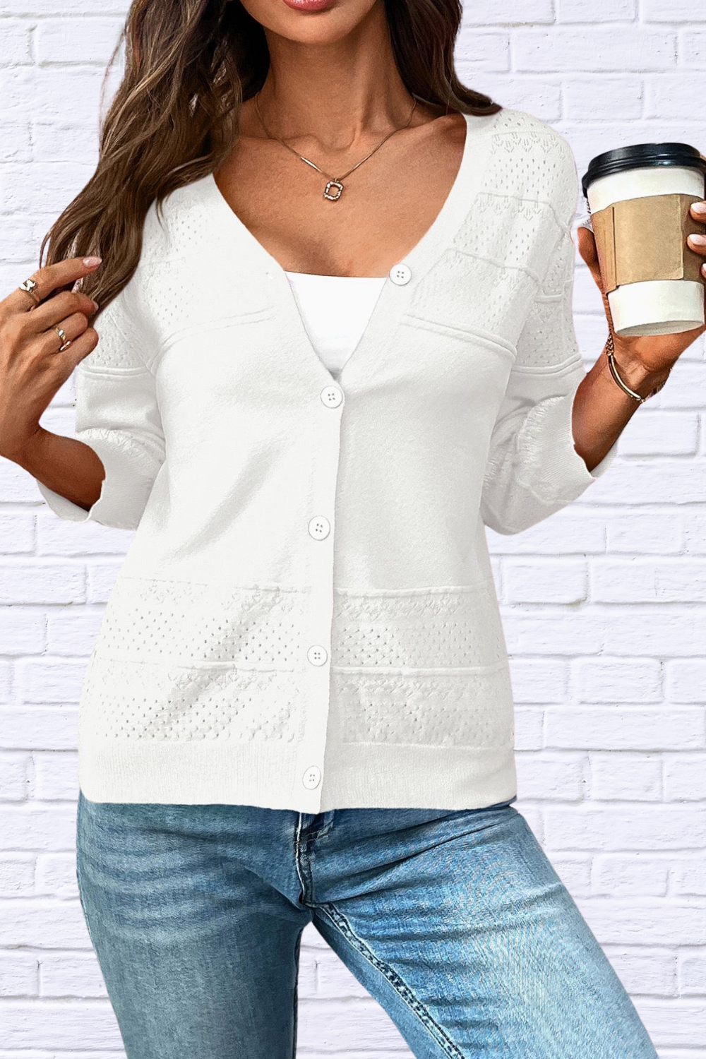 Textured Button-Front Cardigan with 3/4 Sleeves