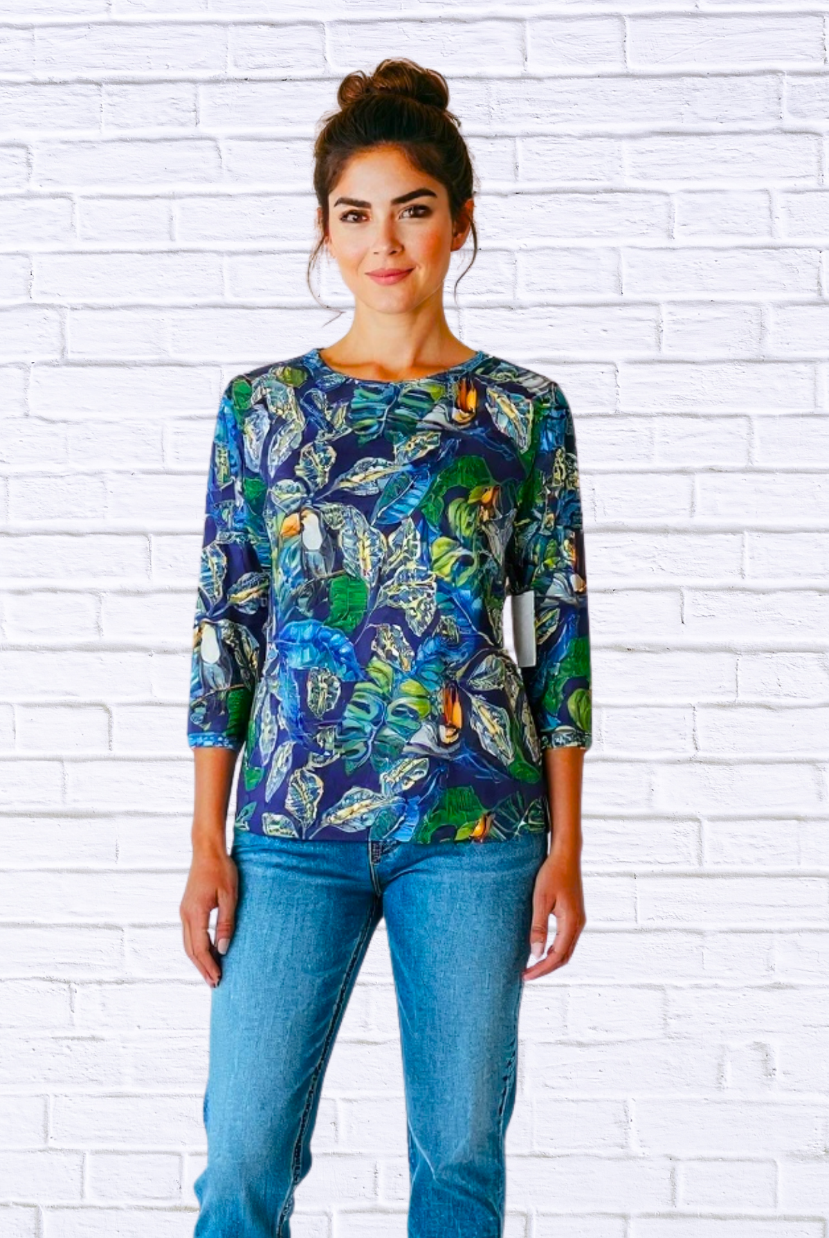 Tropical Toucan Print Long Sleeve Top – Soft Knit Round Neck Casual Statement Blouse