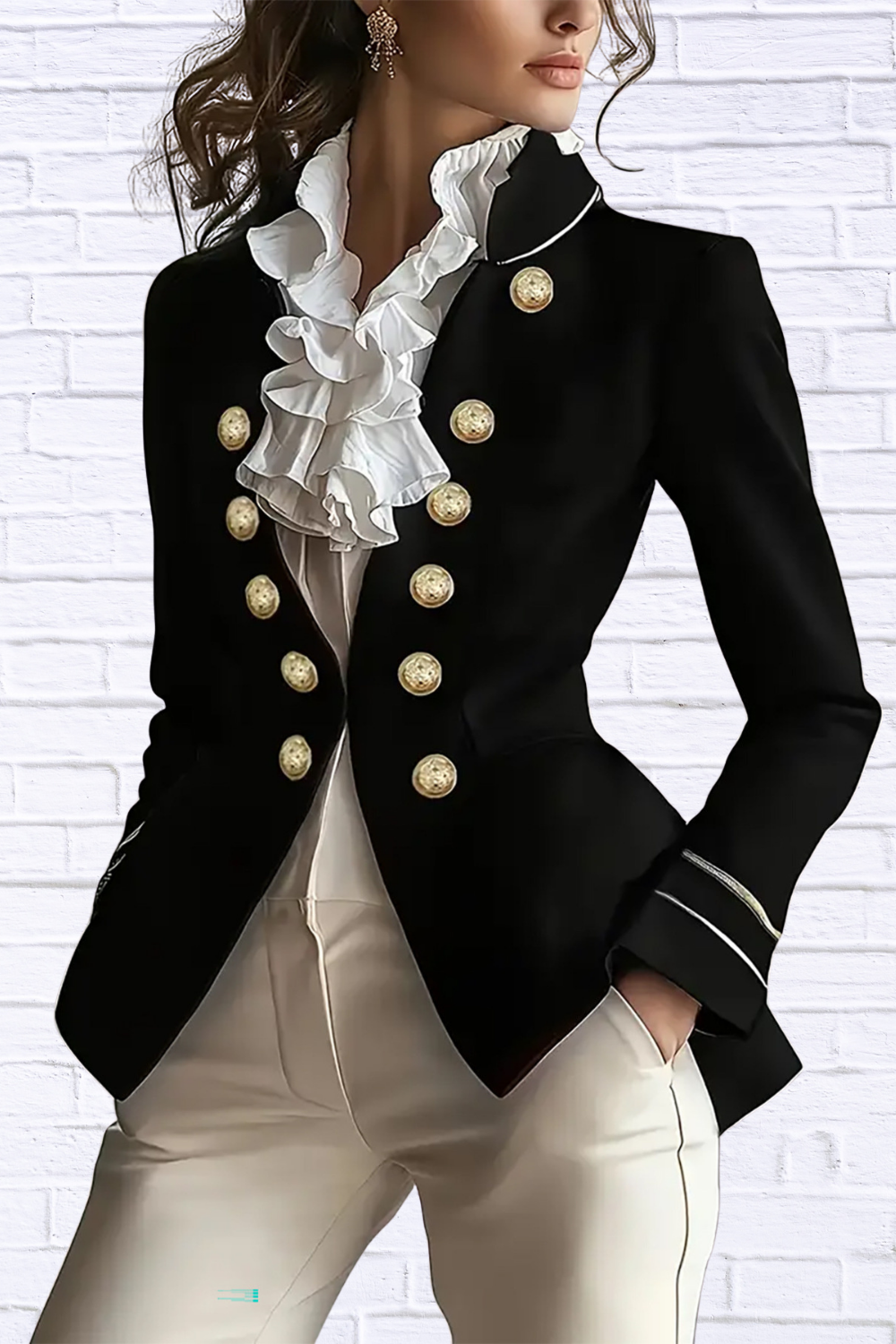 Decorative Button Hight-Low Blazer with Cuff Trim