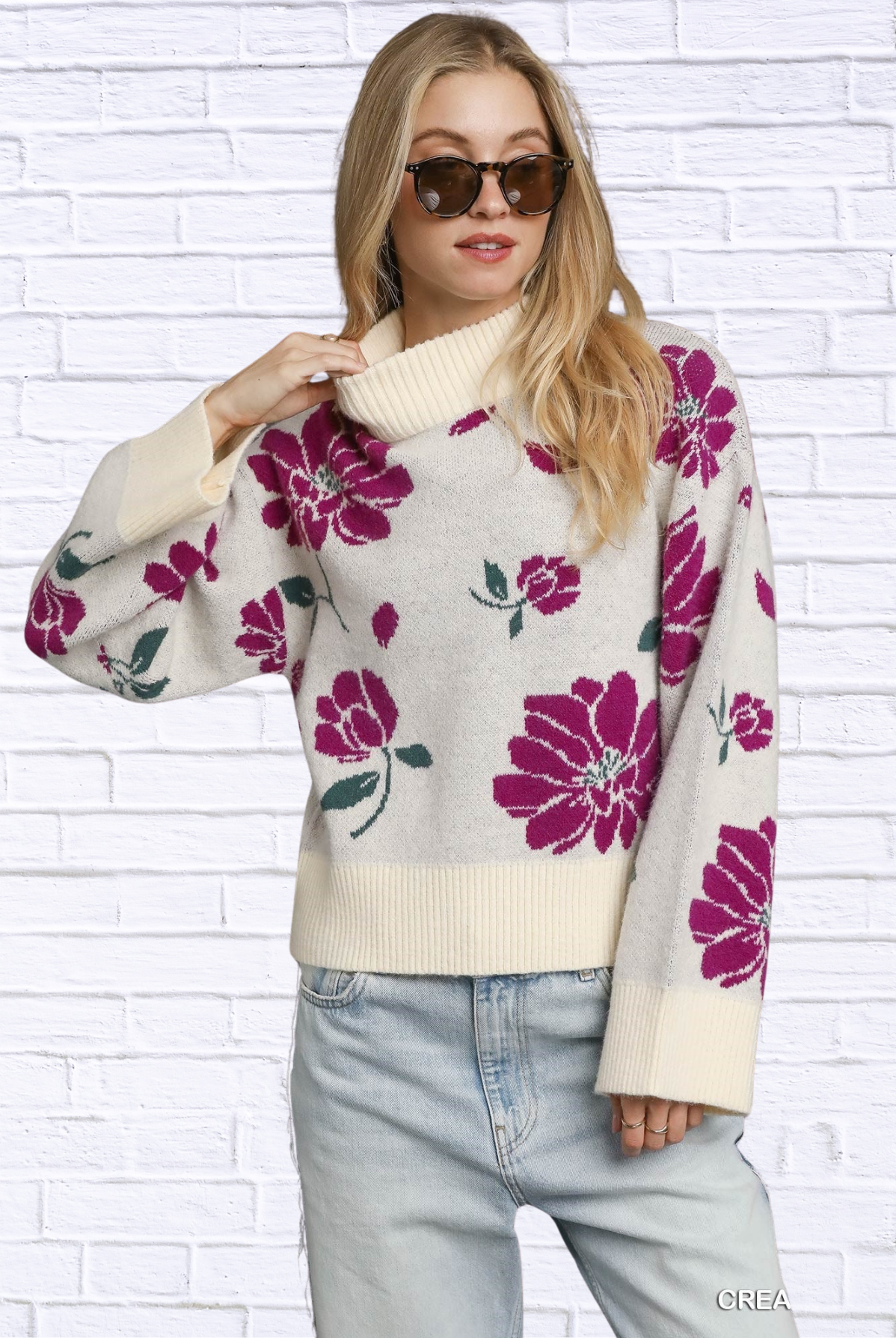 Umgee Floral Patterned Mock Neck Sweater