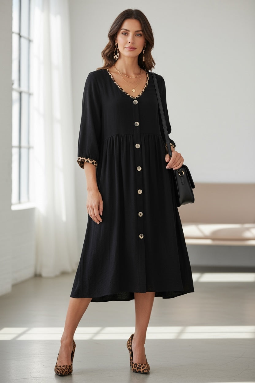 Umgee Black Baby Doll Dress – V-Neck Button-Down with Leopard Trim Detail
