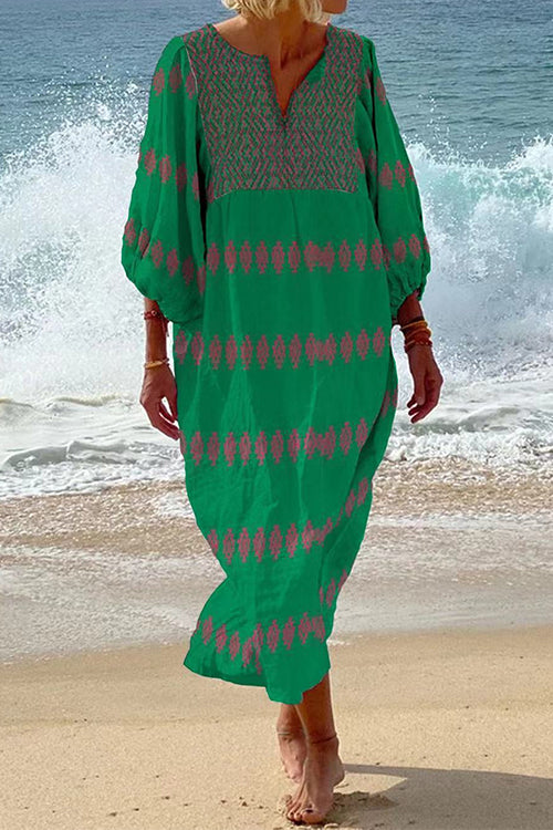 3/4 Balloon Sleeves Bohe Printed Caftan Midi Vacation Dress Green