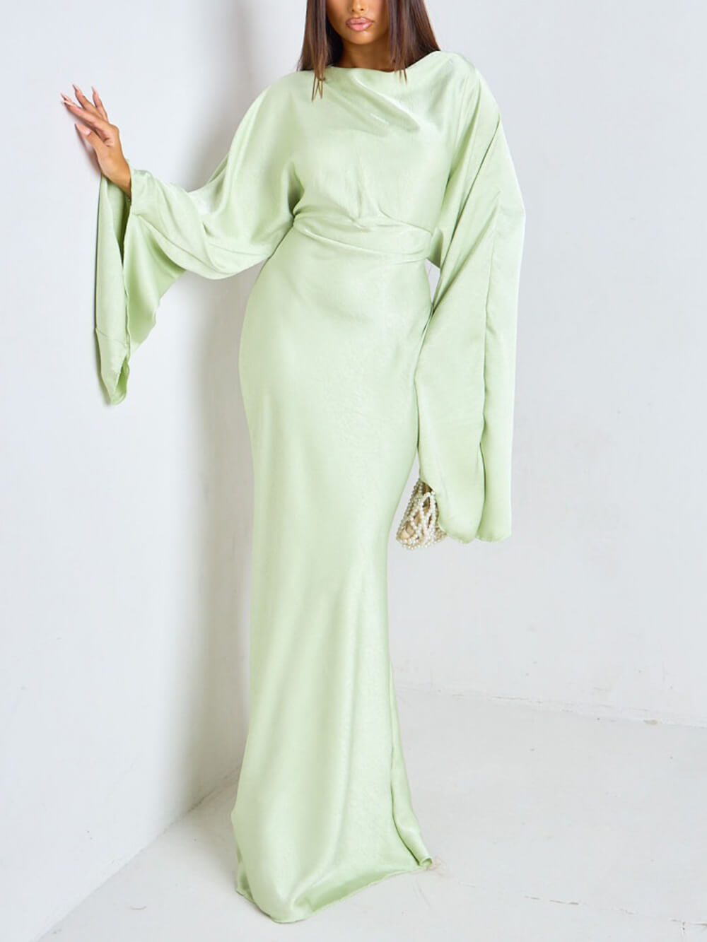 Elegant Ruched Satin Lantern-Sleeve Maxi Dress