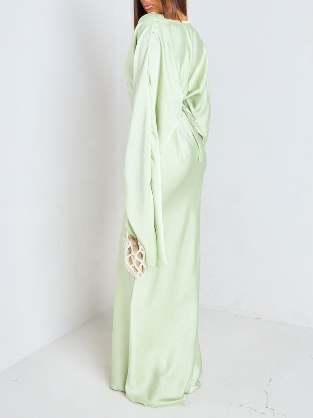 Elegant Ruched Satin Lantern-Sleeve Maxi Dress
