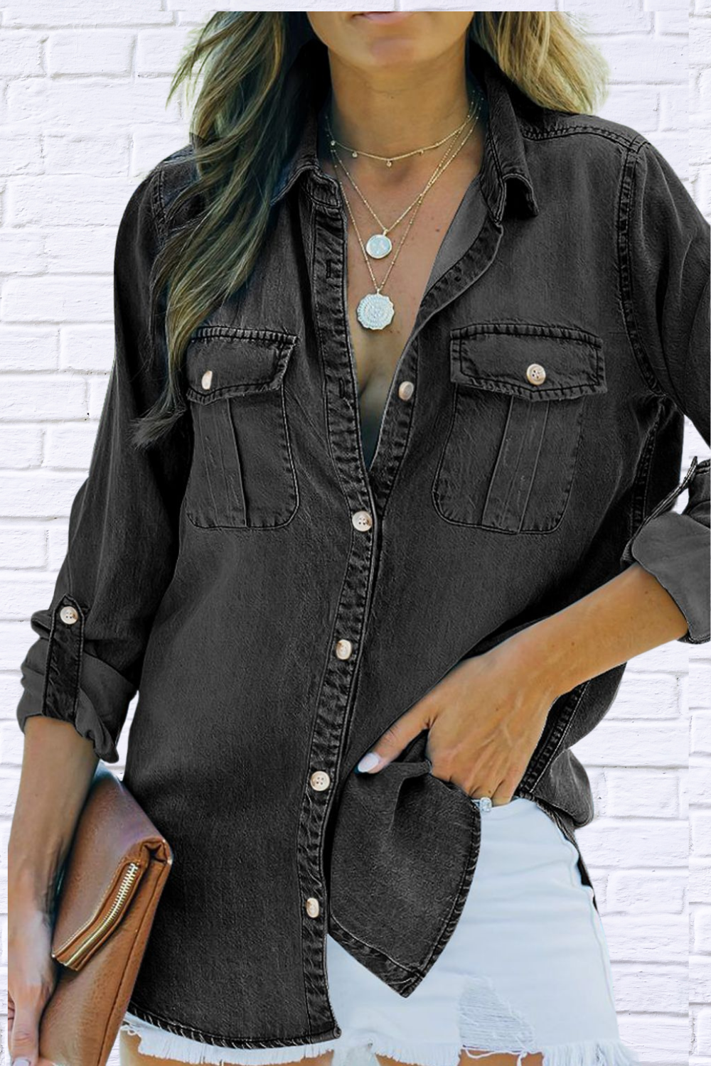 Pocketed Collared Neck Long Sleeve Dandy Denim Top