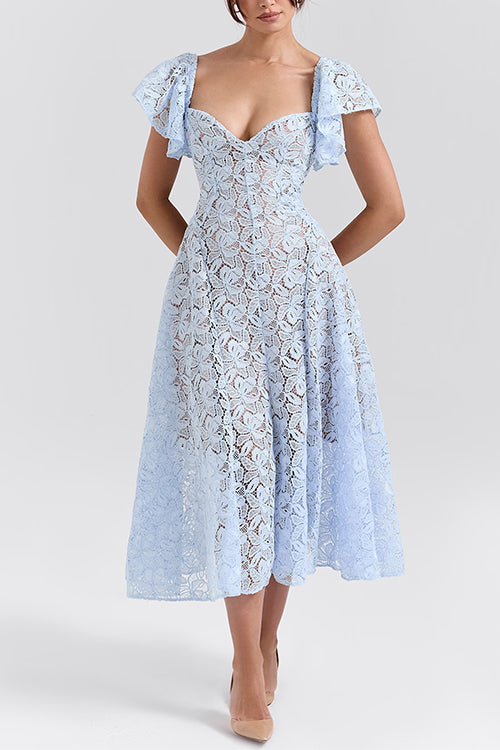 V Neck Flare Sleeves Floral Lace Midi Dress