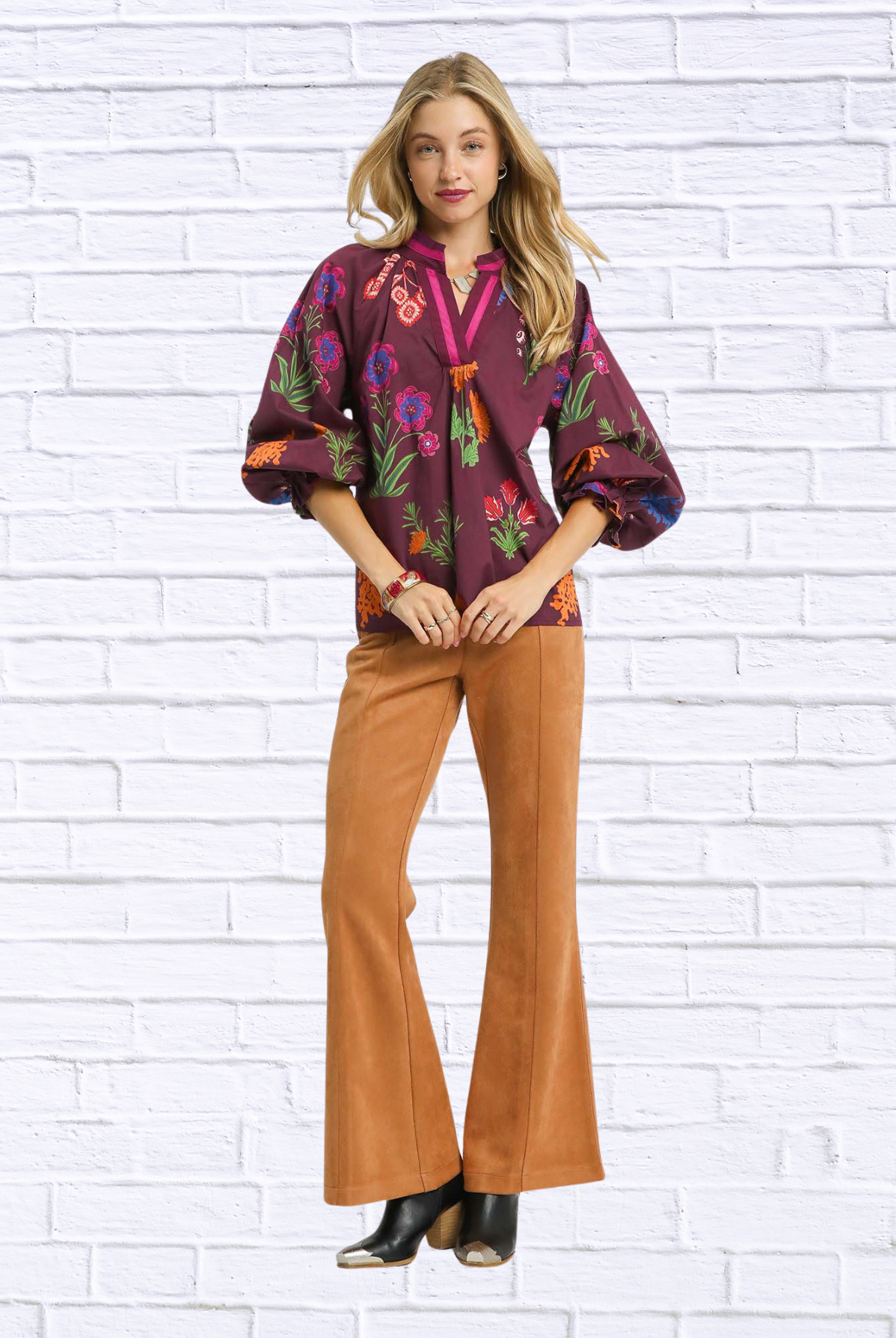 Umgee Floral Print Flounce Sleeve Blouse