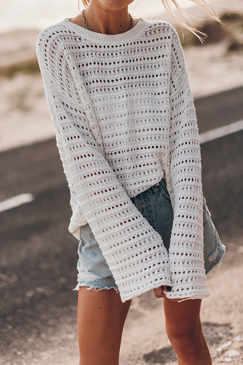 Crewneck Long Sleeves Hollow Out Boho Knitting Pullovers White