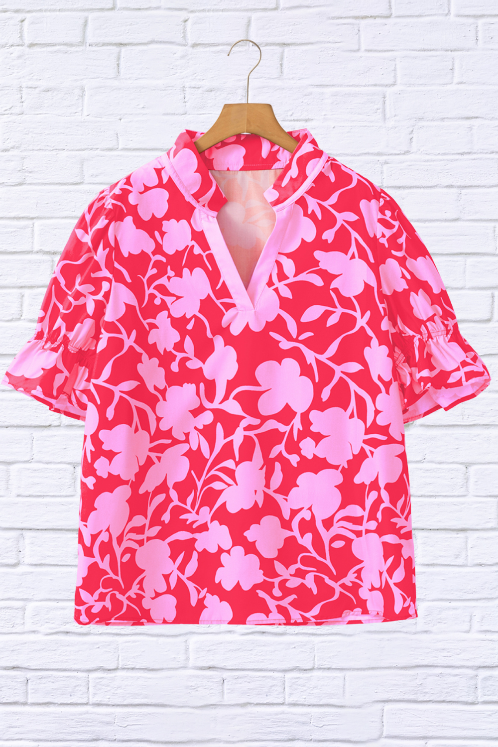 Floral Split V-Neck Ruffled Short Sleeve Blouse – Pink on Pink