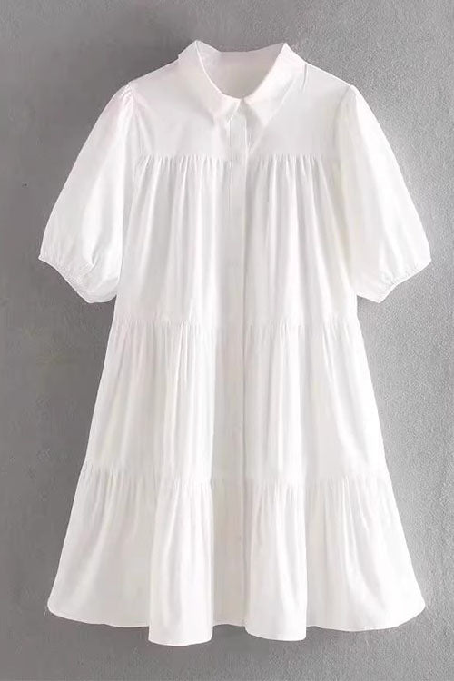 Puff Sleeves Button Down Ruffle Tiered Mini Shirt Dress
