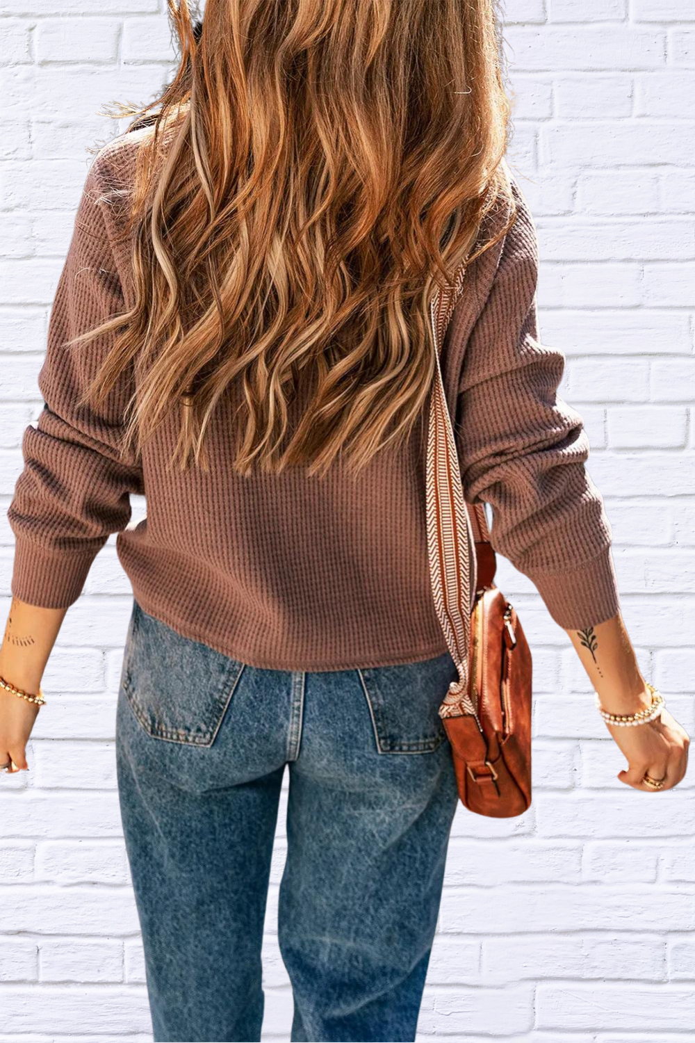 Waffle-Knit Round Neck Long Sleeve Blouse