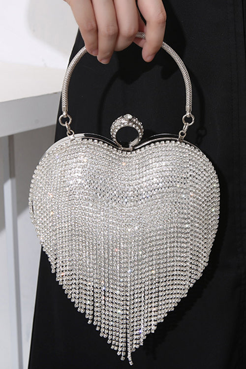 Sac à main de soirée luxe en forme de cœur avec strass et pompon.