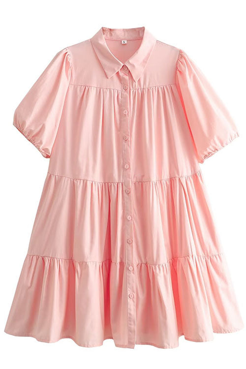 Puff Sleeves Button Down Ruffle Tiered Mini Shirt Dress Pink