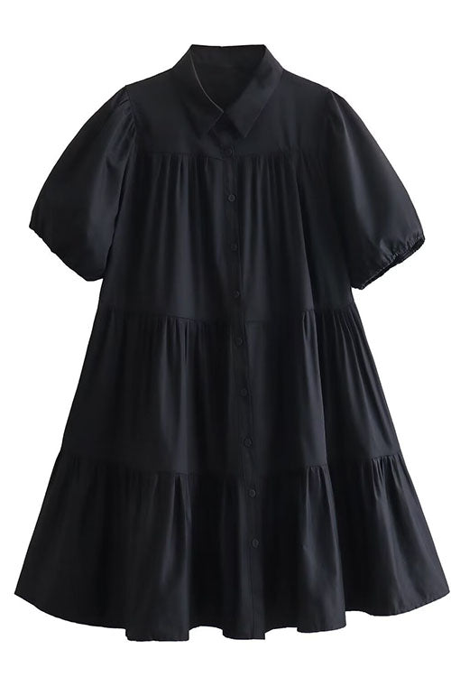 Puff Sleeves Button Down Ruffle Tiered Mini Shirt Dress Black