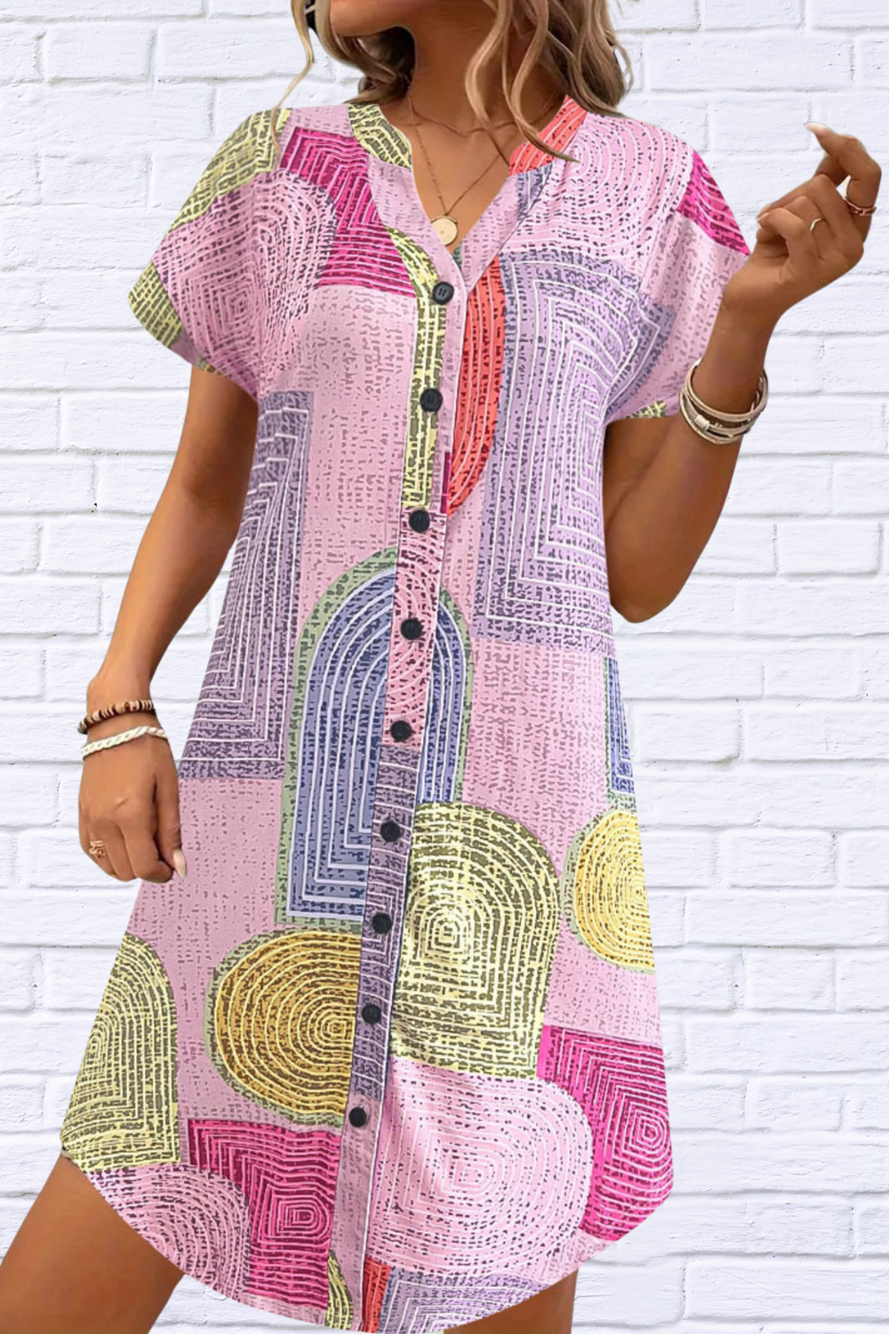Geometric V-Neck Short Sleeve Button-Front Dress