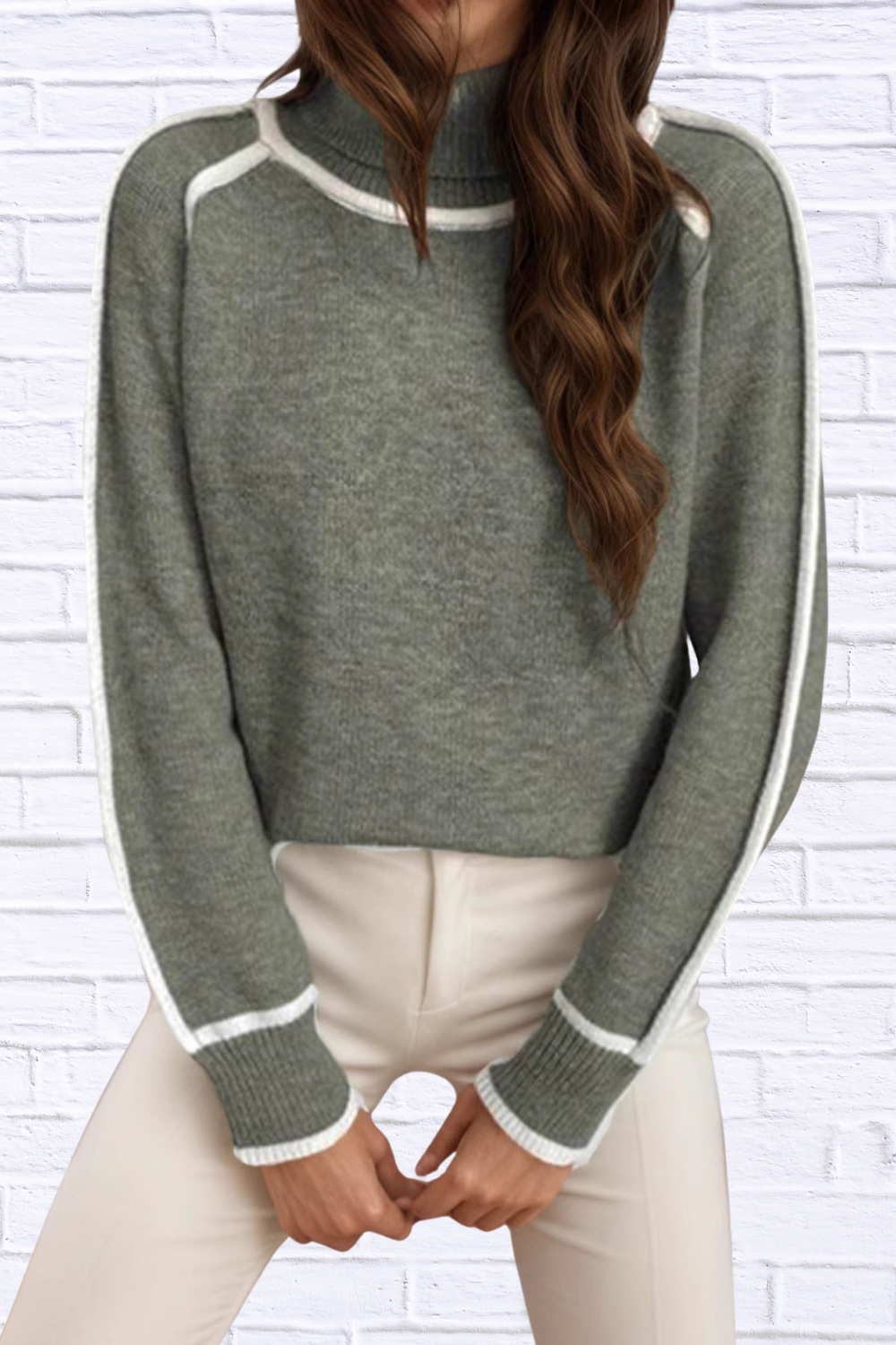 Turtleneck Contrast Trim Sweater with Ribbed Details