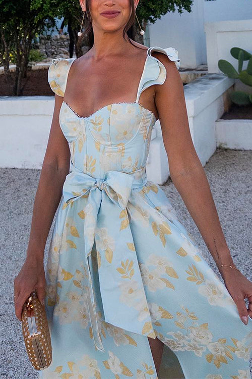 Ruffled Shoulder Bow Knot Waist Slit Printed Vintage Party Dress