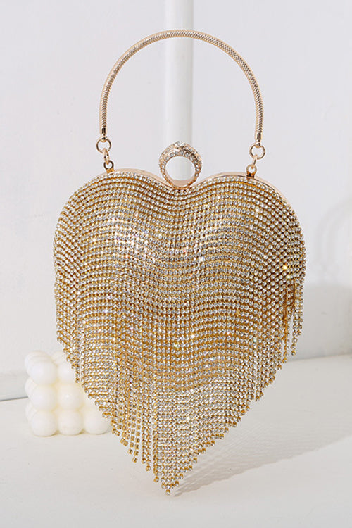 Sac à main de soirée luxe en forme de cœur avec strass et pompon.