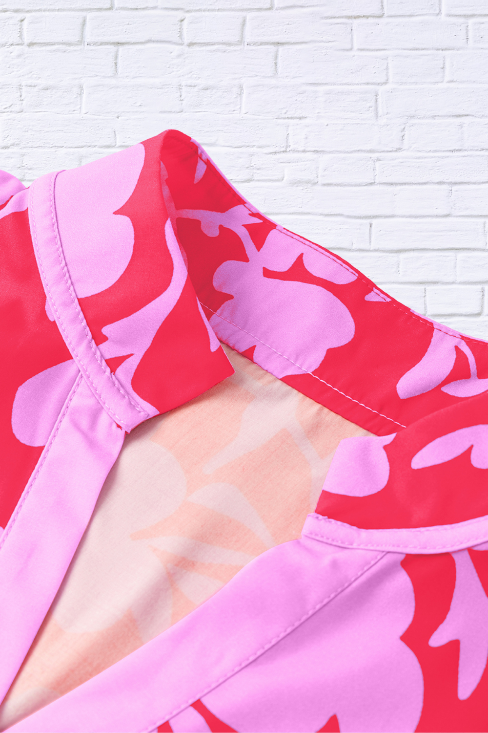 Floral Split V-Neck Ruffled Short Sleeve Blouse – Pink on Pink