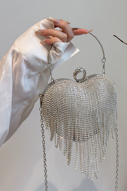 Sac à main de soirée luxe en forme de cœur avec strass et pompon.