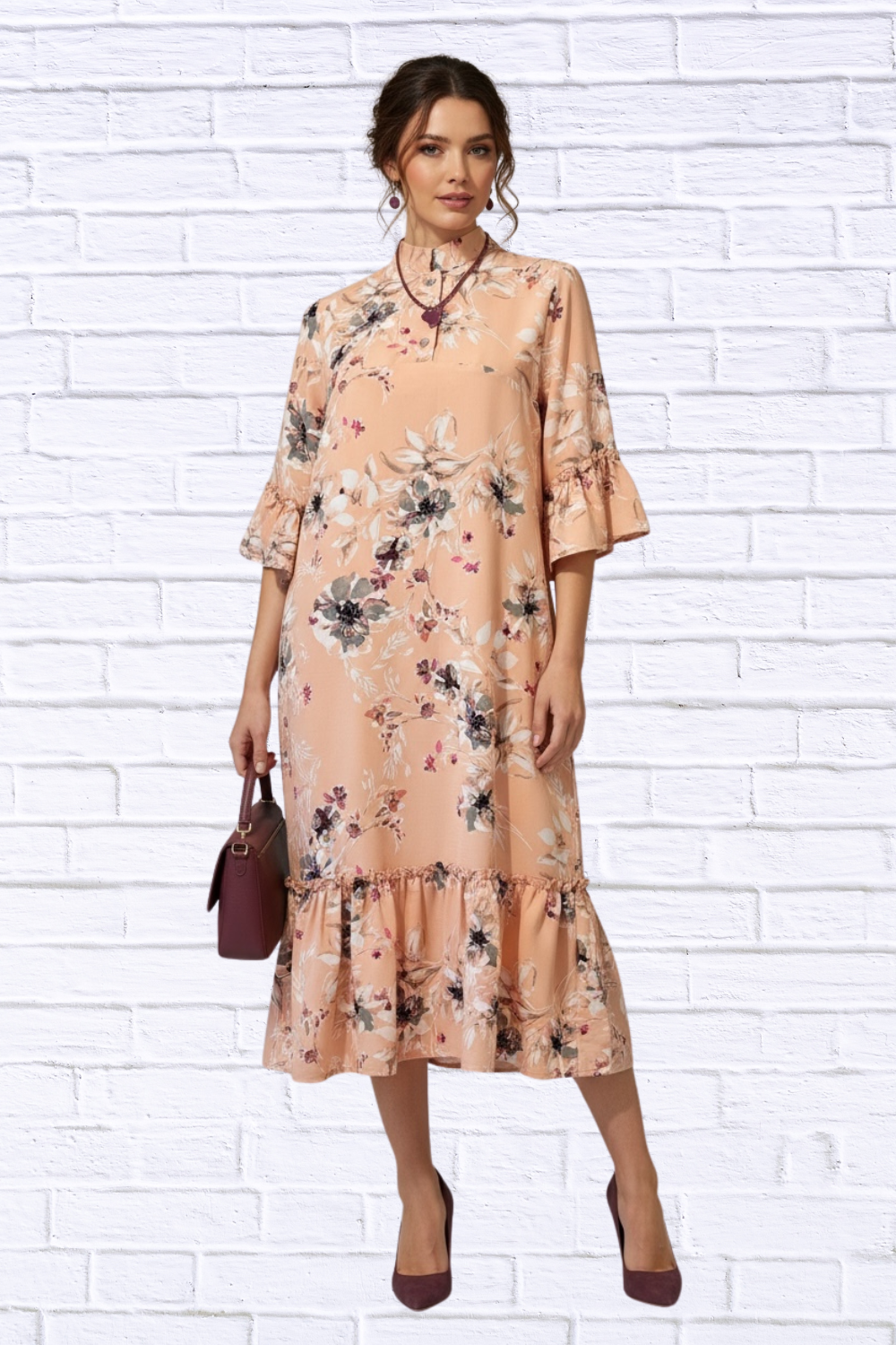 🌸 Peach Floral Ruffle Hem Midi Dress with 3/4 Sleev