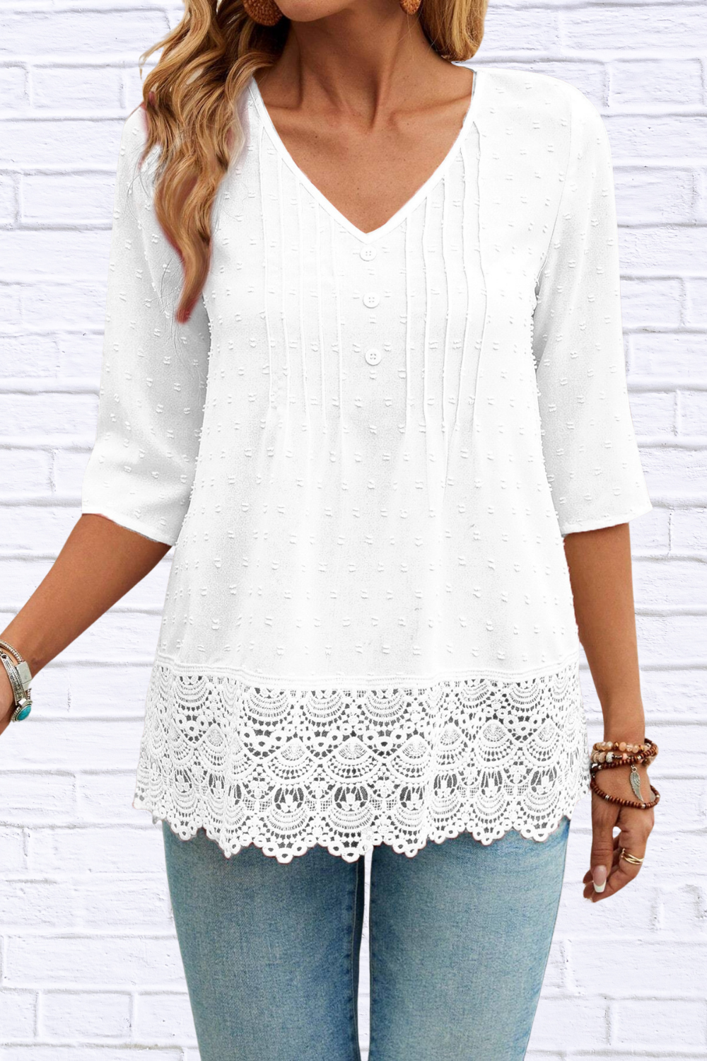 Lace Hem V-Neck Blouse