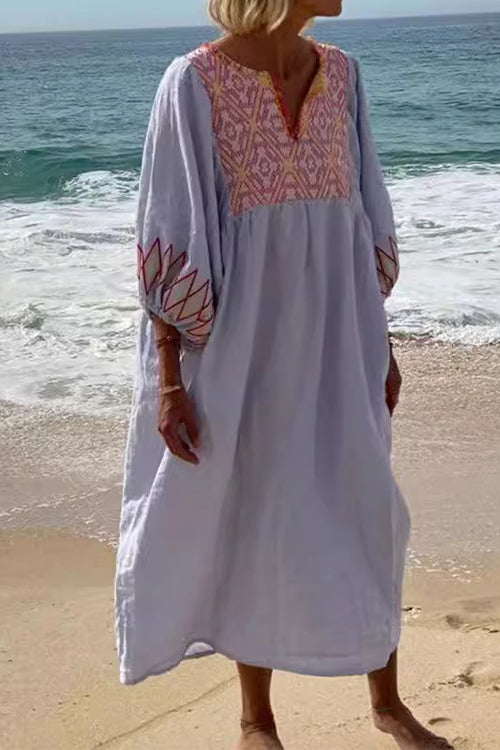 3/4 Balloon Sleeves Bohe Printed Caftan Midi Vacation Dress