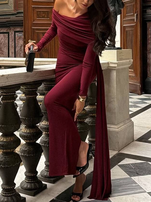 Slant Shoulder Ribbon Design Maxi Dress