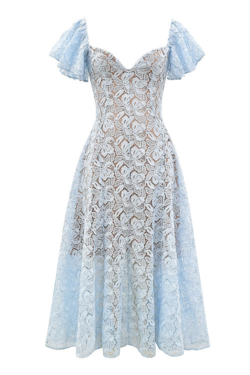 V Neck Flare Sleeves Floral Lace Midi Dress