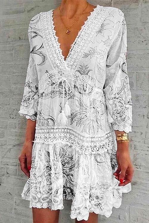 V Neck Lace Trim Tassel Swing Dress Gray