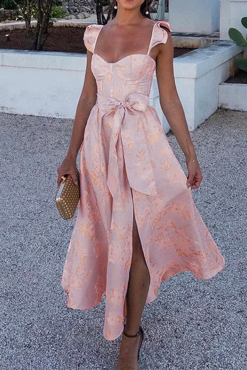 Ruffled Shoulder Bow Knot Waist Slit Printed Vintage Party Dress Pink