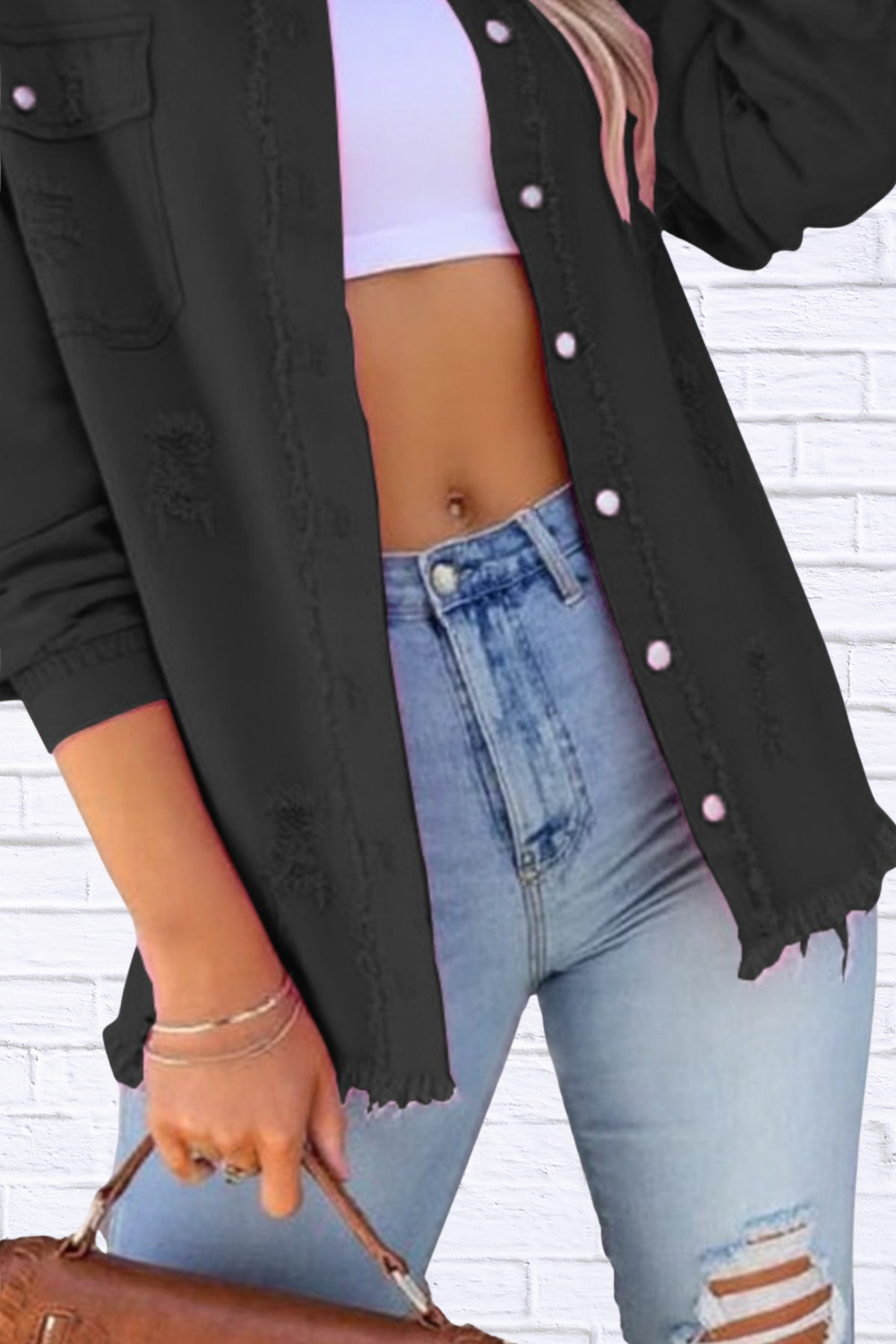 Distressed Denim Jacket with Frayed Edges