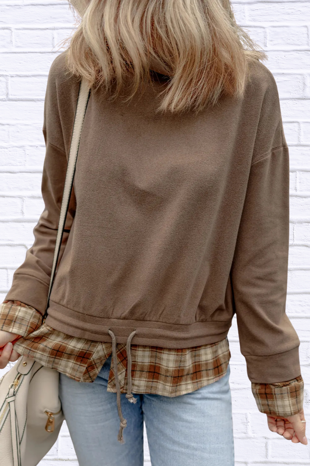 Drawstring Plaid Turtleneck Long Sleeve Top