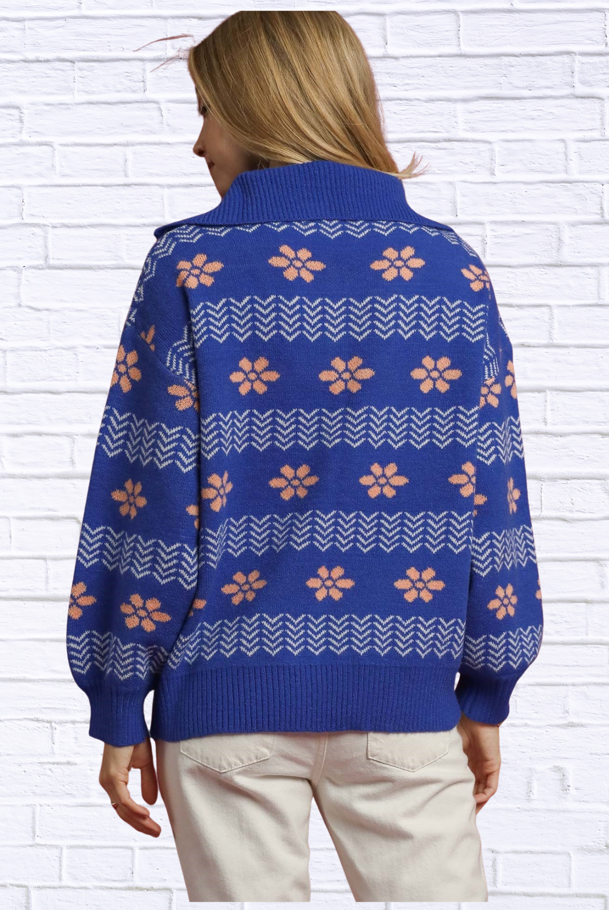 Umgee Floral Patterned Jacquard Quarter-Zip Pullover Sweater
