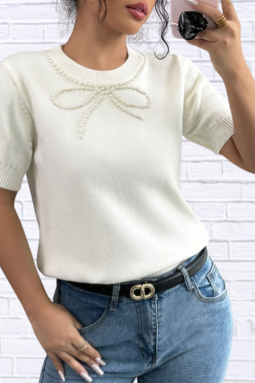 Pearl Bow Embellished Round Neck Sweater
