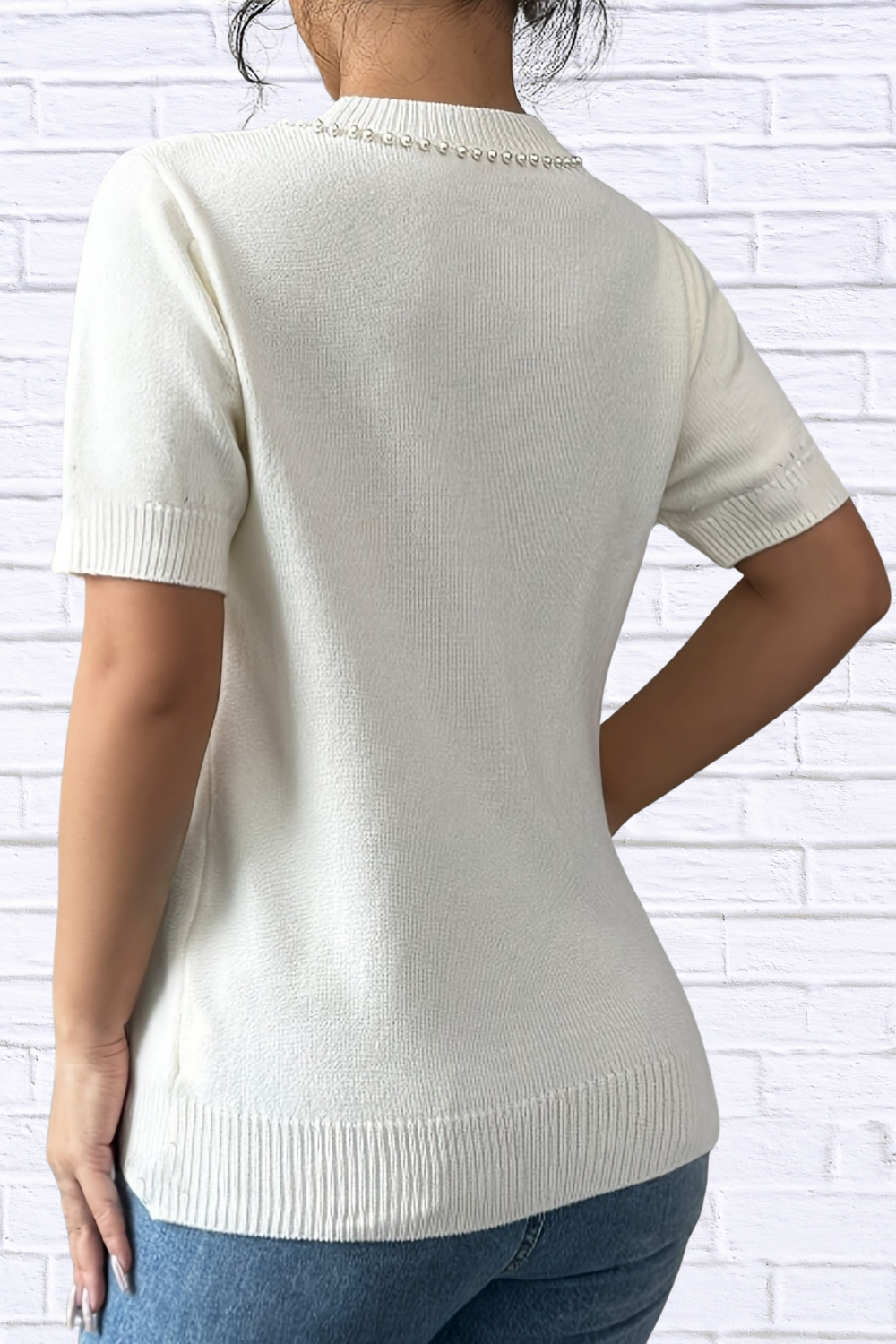 Pearl Bow Embellished Round Neck Sweater