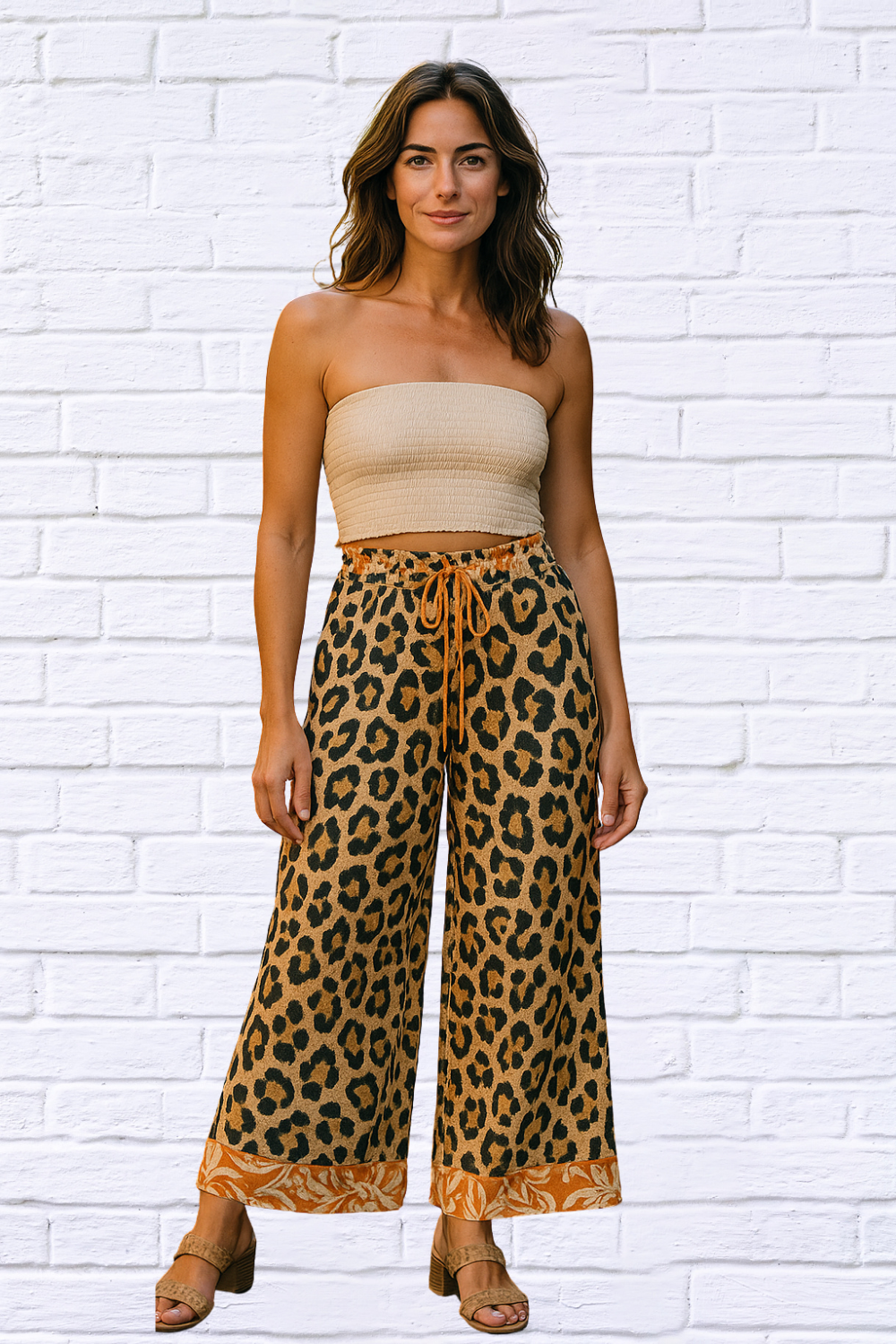 Leopard Print With Contrast Banded Wide Pants