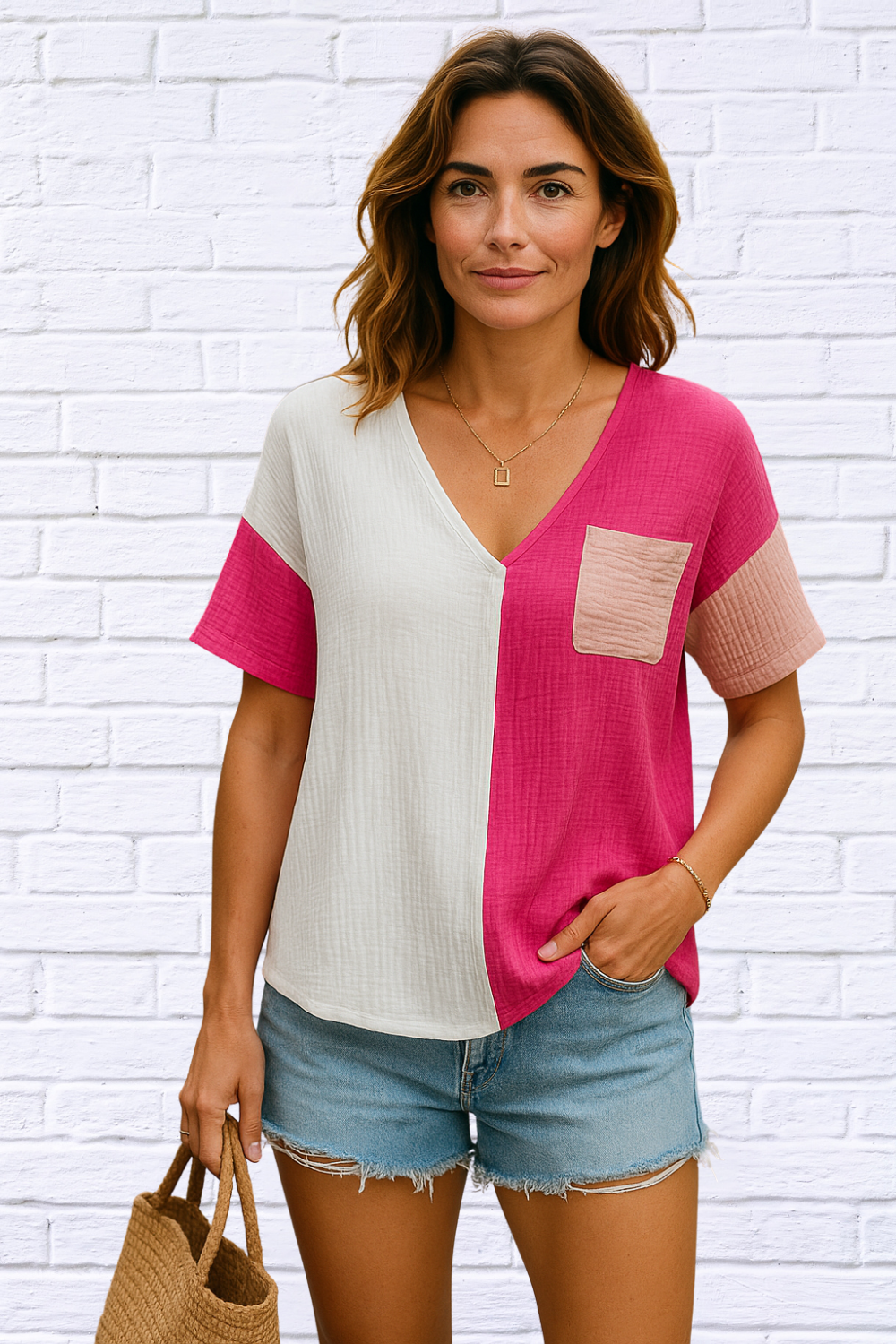 Color Block Johnny Collar Short Sleeve Blouse