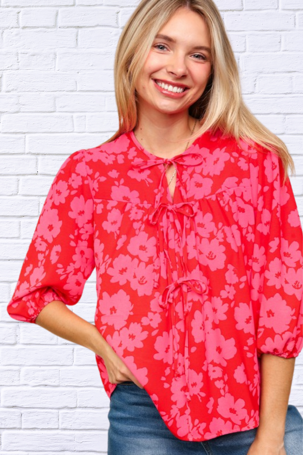 Full Size Ribbon Bow Floral Balloon Sleeve Blouse