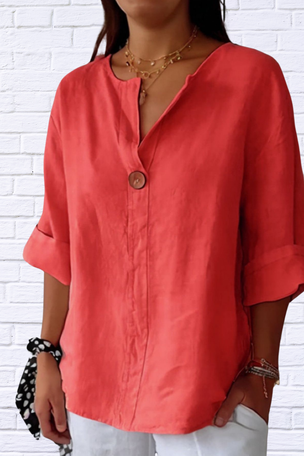 Full Size Linen Blend Notched Blouse Plus Size