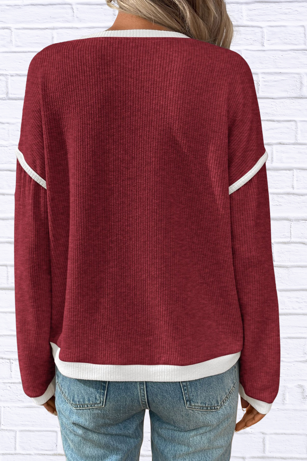 Ribbed Contrast Trim Long Sleeve Top