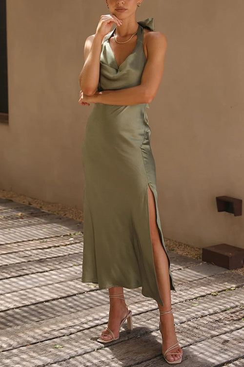 Sleeveless Cowl Neck Open Back Side Slit Midi Dress