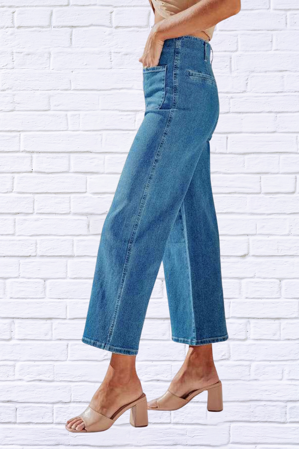 Button Fly Cropped Wide Leg Jeans