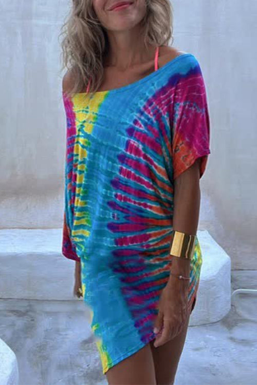 Cold Shoulder Short Sleeve Tie Dye Mini Dress Tie Dye