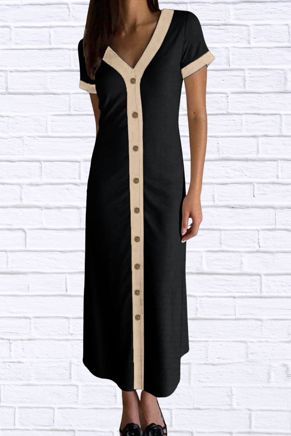 Button-Front Contrast Trim Midi Dress