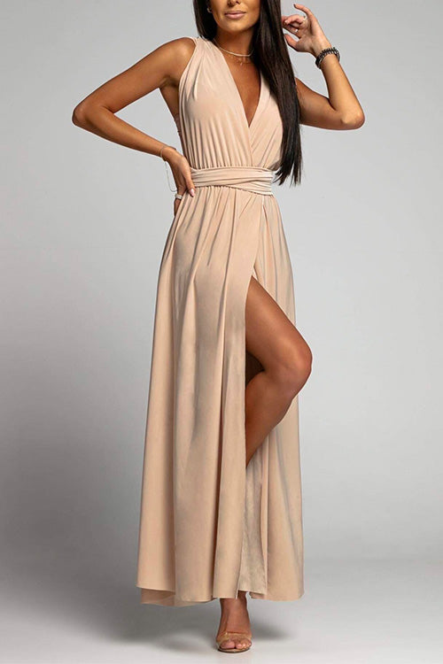 V Neck Sleeveless Back Criss Cross High Slit Maxi Party Dress