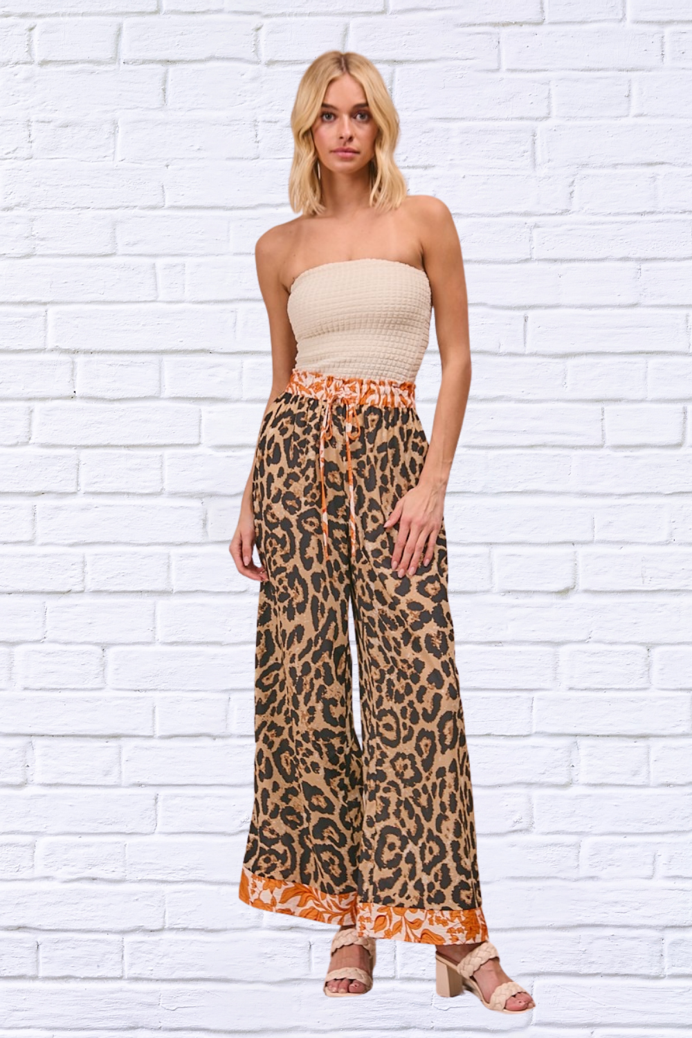Leopard Print With Contrast Banded Wide Pants