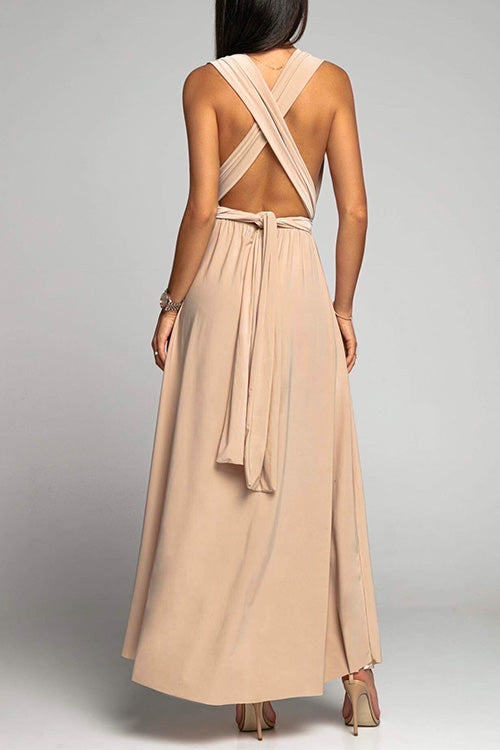 V Neck Sleeveless Back Criss Cross High Slit Maxi Party Dress