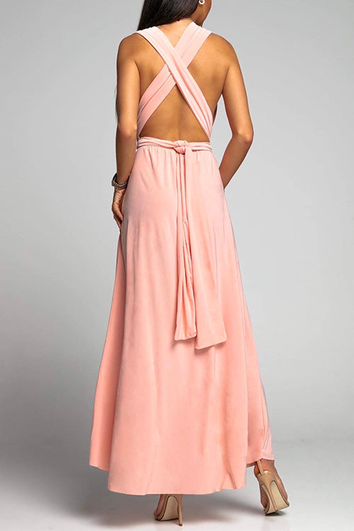 V Neck Sleeveless Back Criss Cross High Slit Maxi Party Dress