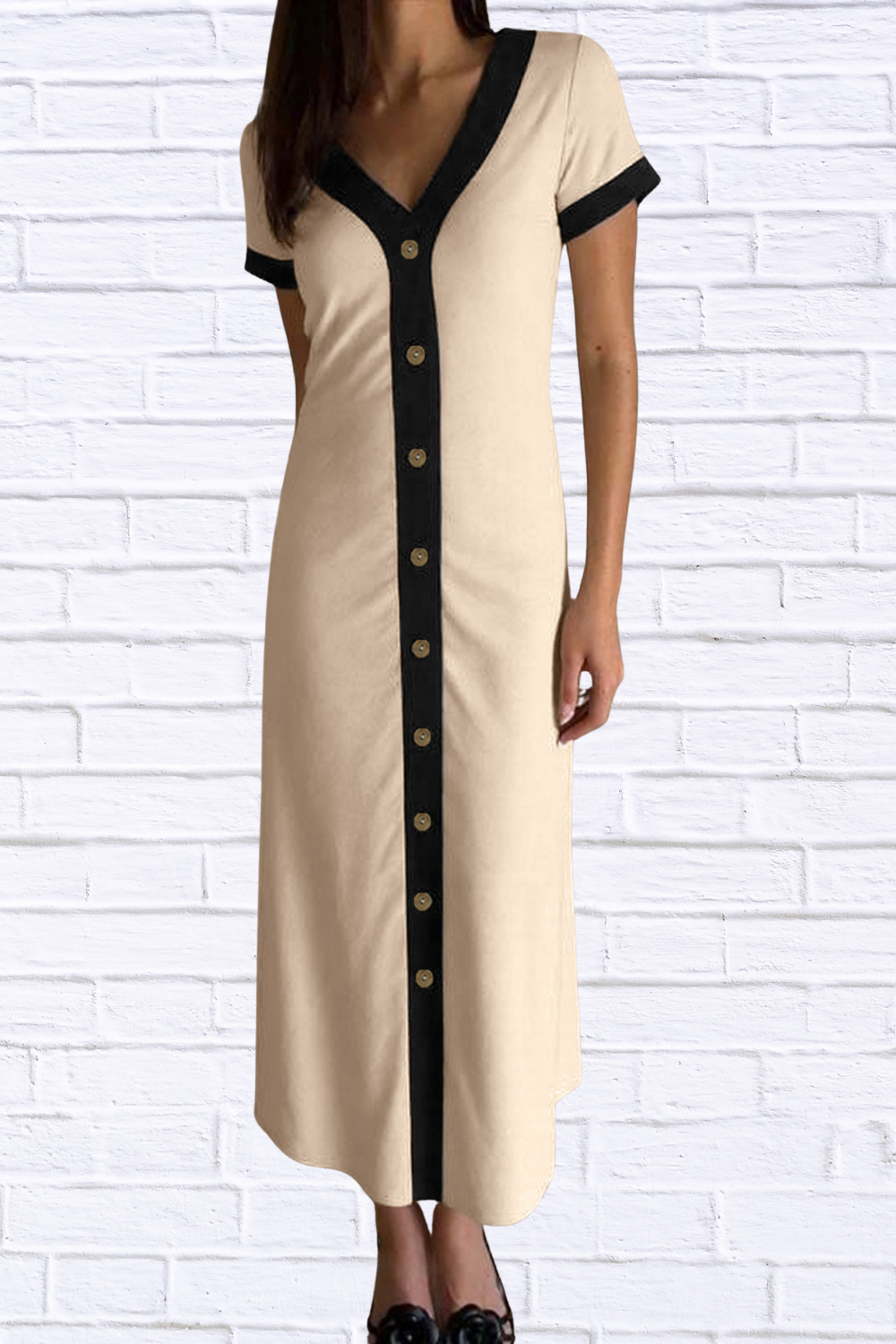 Button-Front Contrast Trim Midi Dress